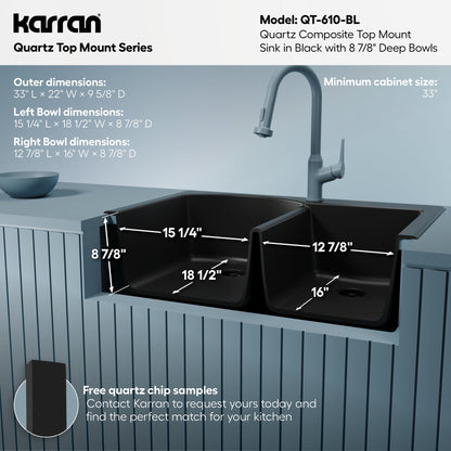 33" Top Mount Double Offset Bowl Quartz Composite Kitchen Sink In Black