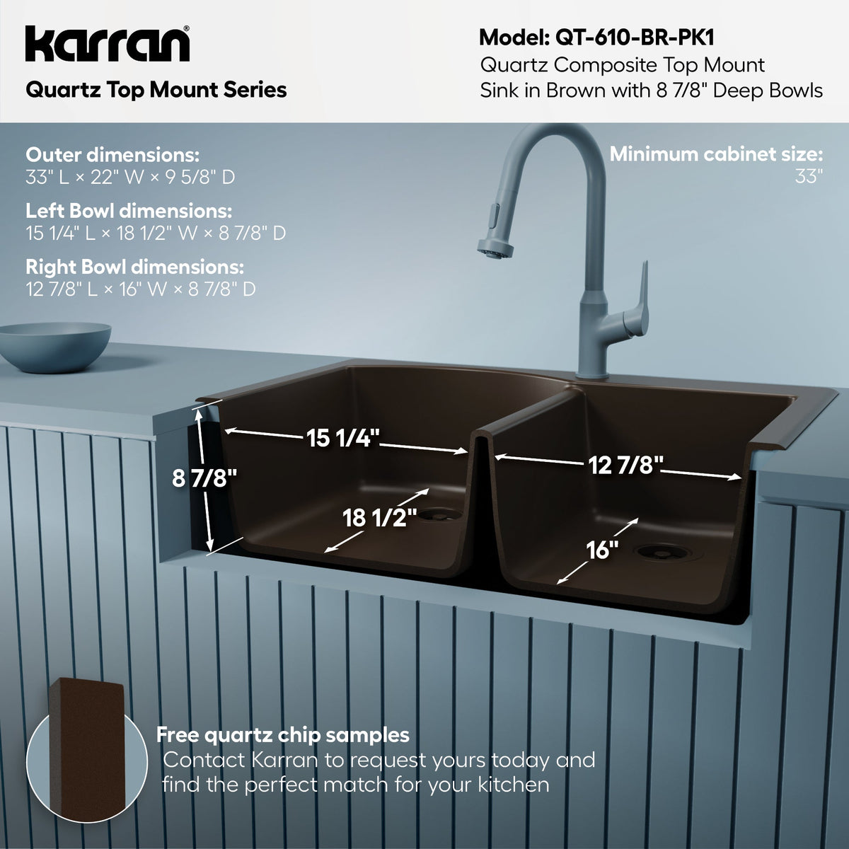 33" Top Mount Double Offset Bowl Quartz Composite Kitchen Sink Kit In Brown