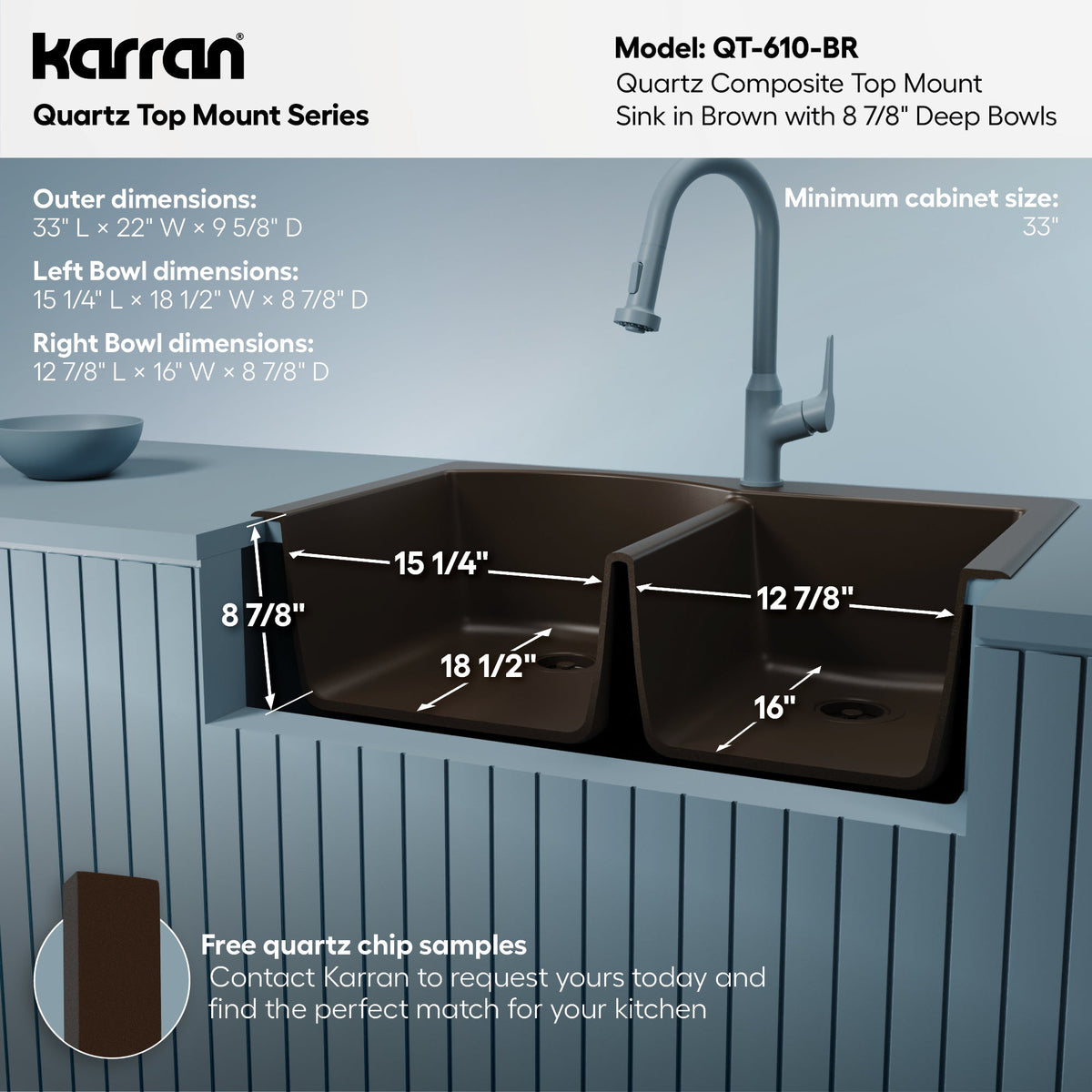33" Top Mount Double Offset Bowl Quartz Composite Kitchen Sink In Brown