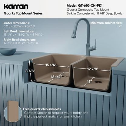 33" Top Mount Double Offset Bowl Quartz Composite Kitchen Sink Kit In Concrete