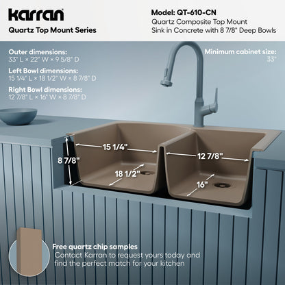 33" Top Mount Double Offset Bowl Quartz Composite Kitchen Sink In Concrete