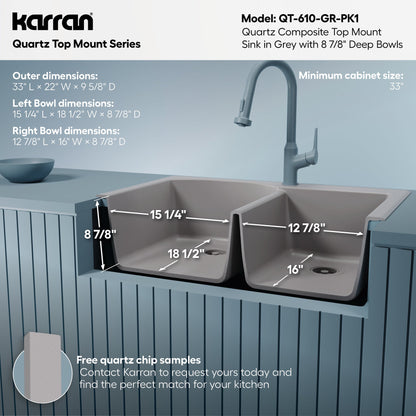 33" Top Mount Double Offset Bowl Quartz Composite Kitchen Sink Kit In Grey