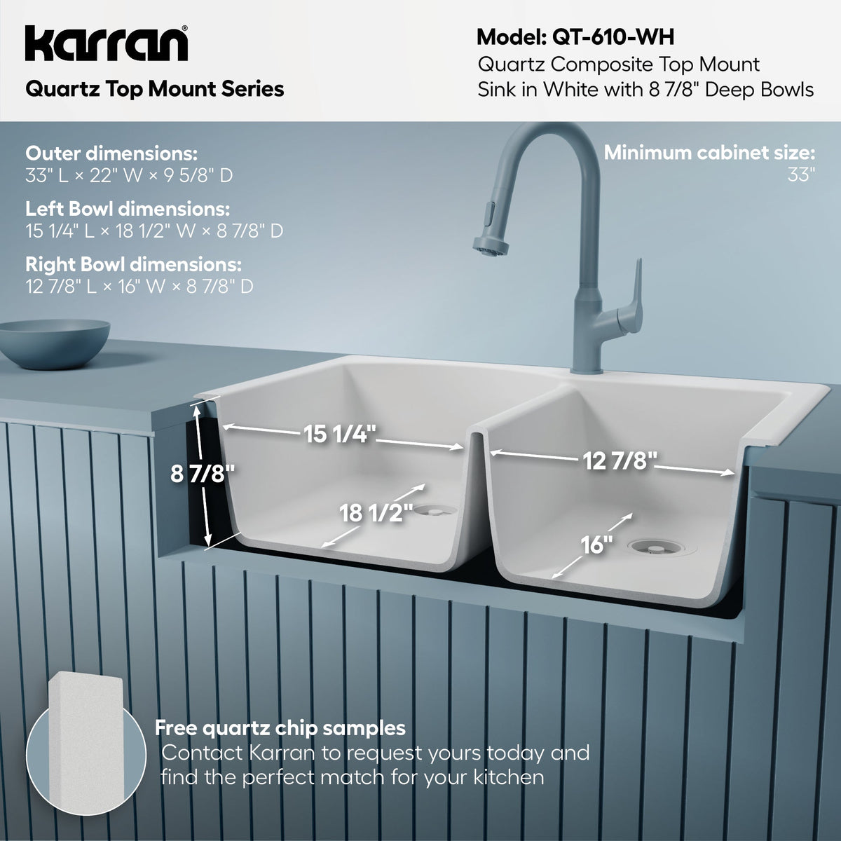 33" Top Mount Double Offset Bowl Quartz Composite Kitchen Sink In White