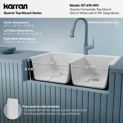33" Top Mount Double Offset Bowl Quartz Composite Kitchen Sink In White