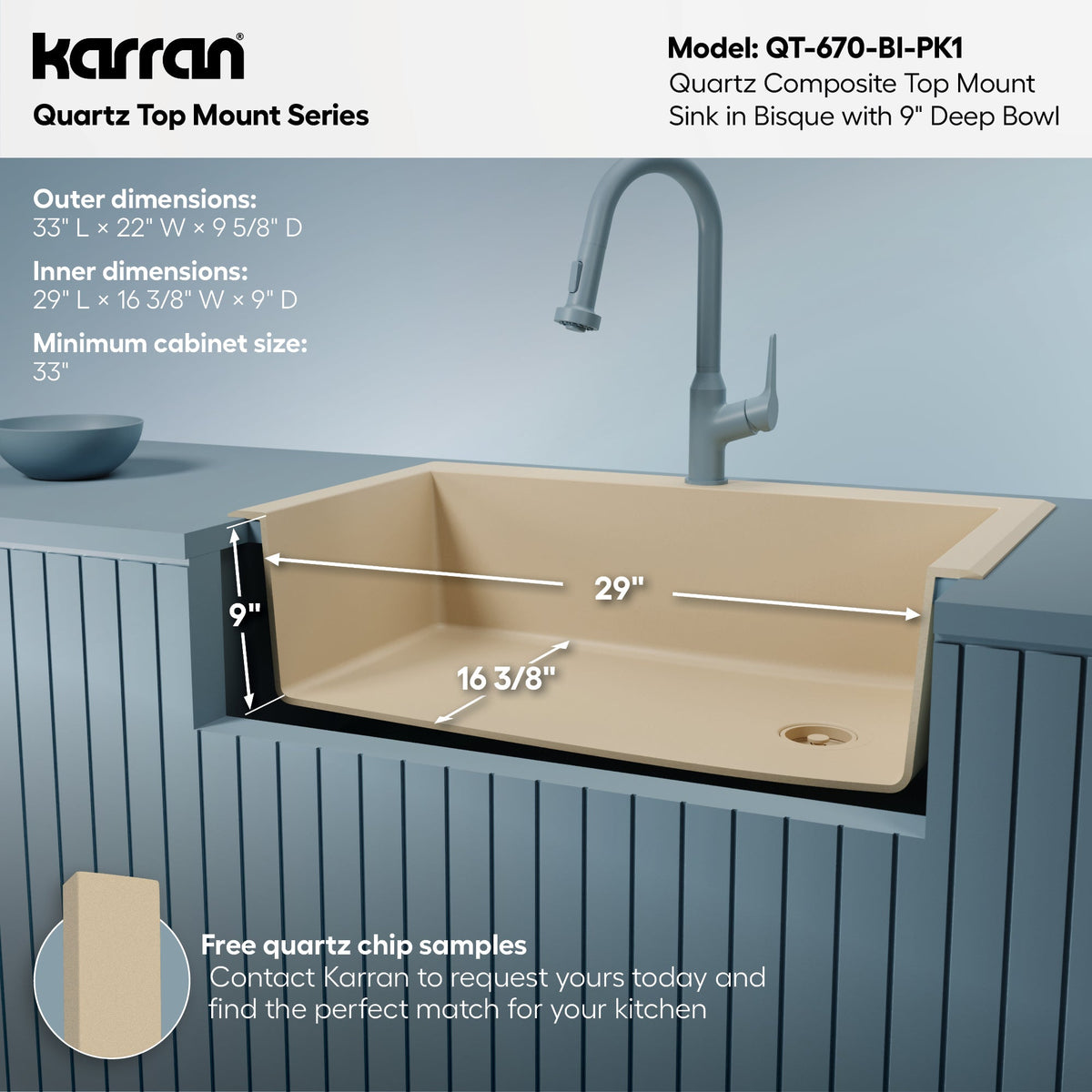 33" Top Mount Large Single Bowl Quartz Composite Kitchen Sink Kit In Bisque