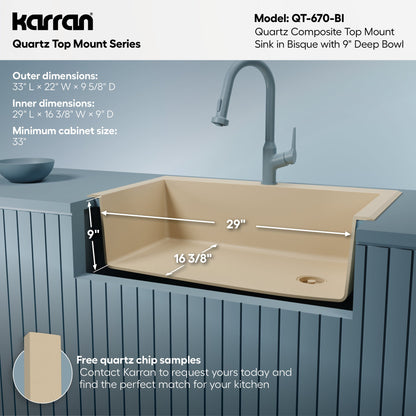 33" Top Mount Large Single Bowl Quartz Composite Kitchen Sink In Bisque