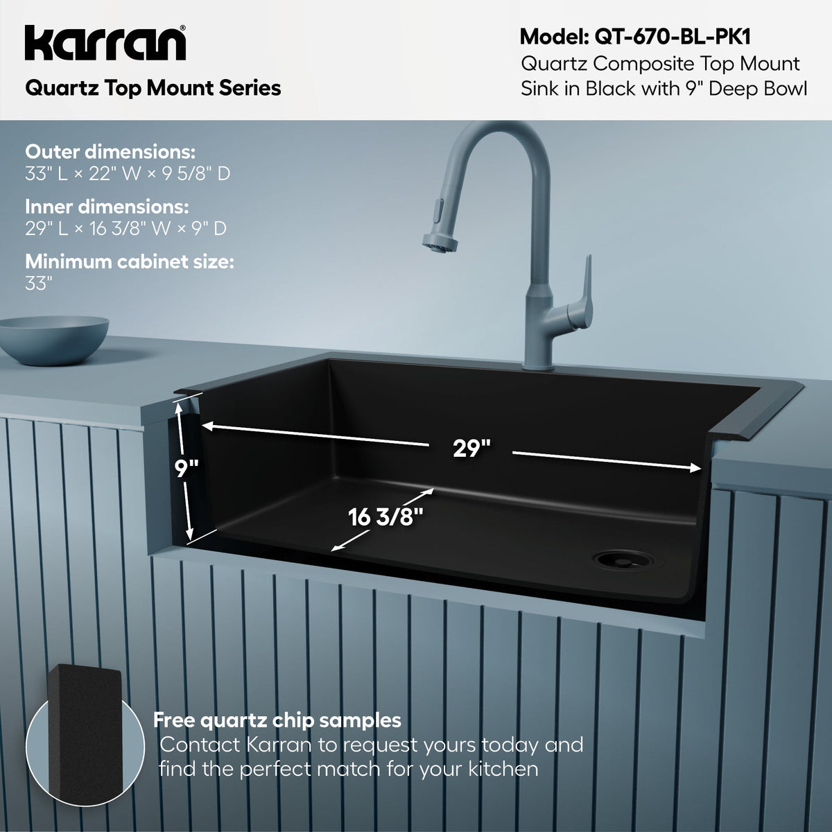 33" Top Mount Large Single Bowl Quartz Composite Kitchen Sink Kit In Black
