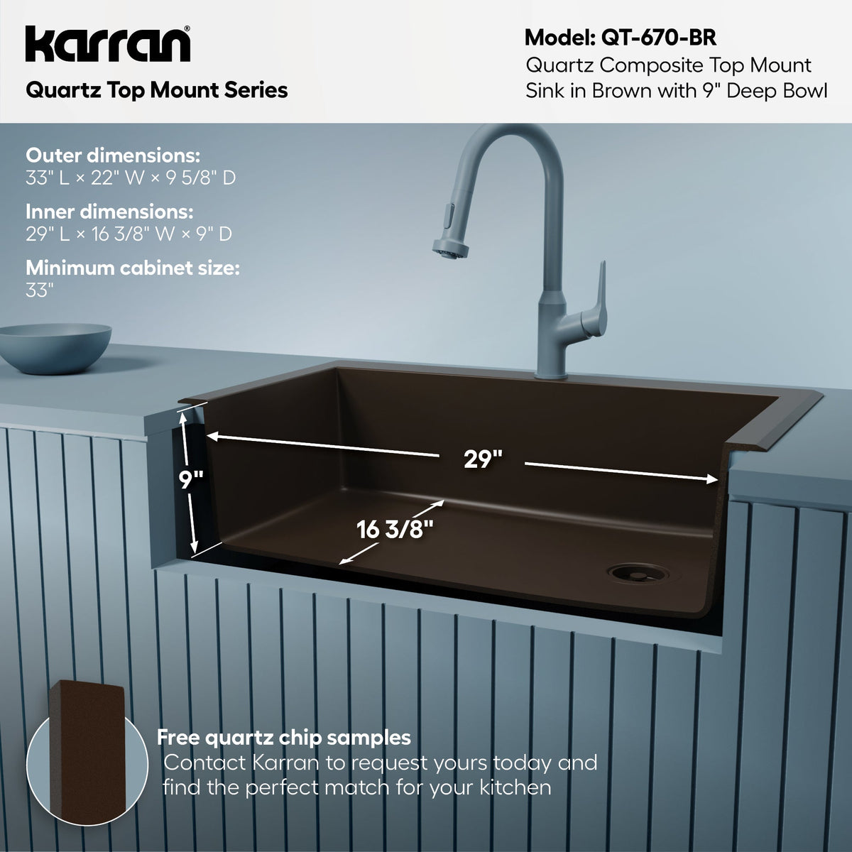 33" Top Mount Large Single Bowl Quartz Composite Kitchen Sink In Brown