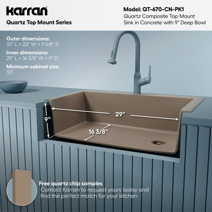 33" Top Mount Large Single Bowl Quartz Composite Kitchen Sink Kit In Concrete