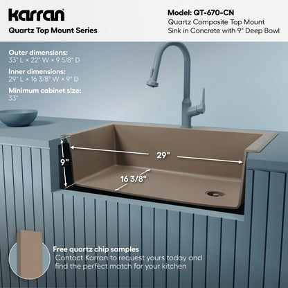 33" Top Mount Large Single Bowl Quartz Composite Kitchen Sink In Concrete