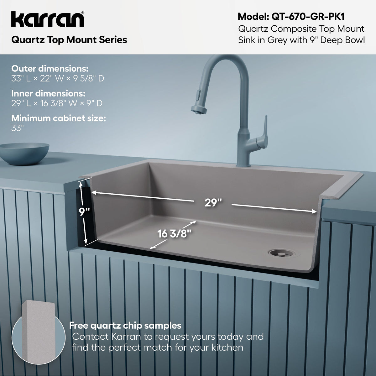 33" Top Mount Large Single Bowl Quartz Composite Kitchen Sink Kit In Grey
