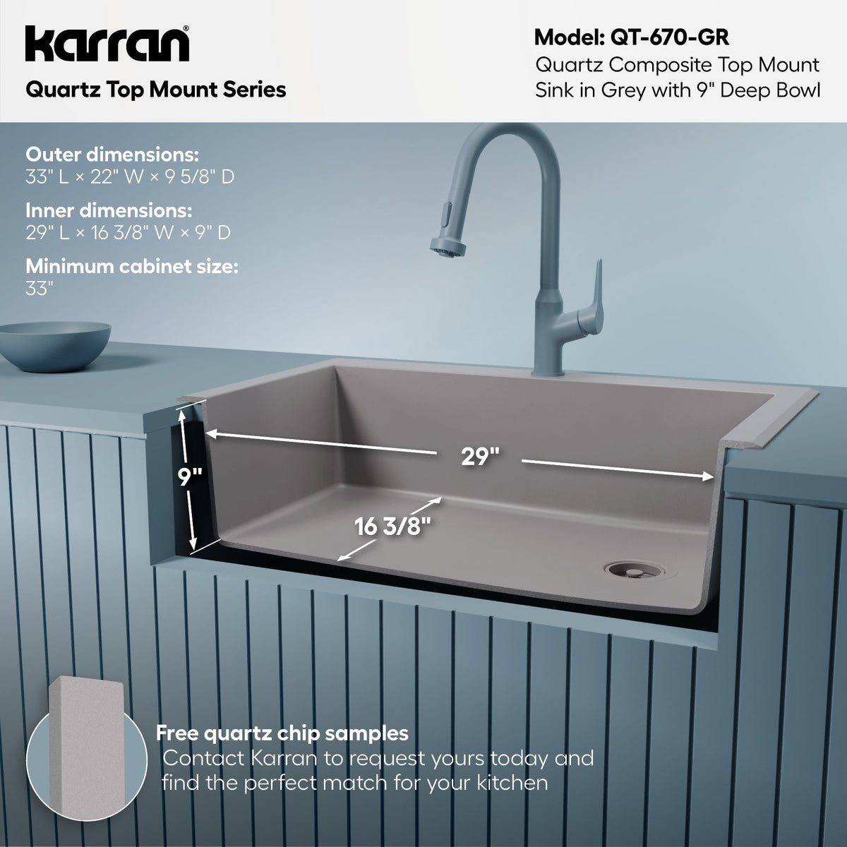 33" Top Mount Large Single Bowl Quartz Composite Kitchen Sink In Grey