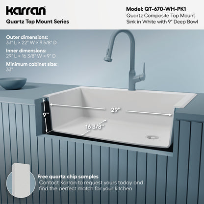 33" Top Mount Large Single Bowl Quartz Composite Kitchen Sink Kit In White