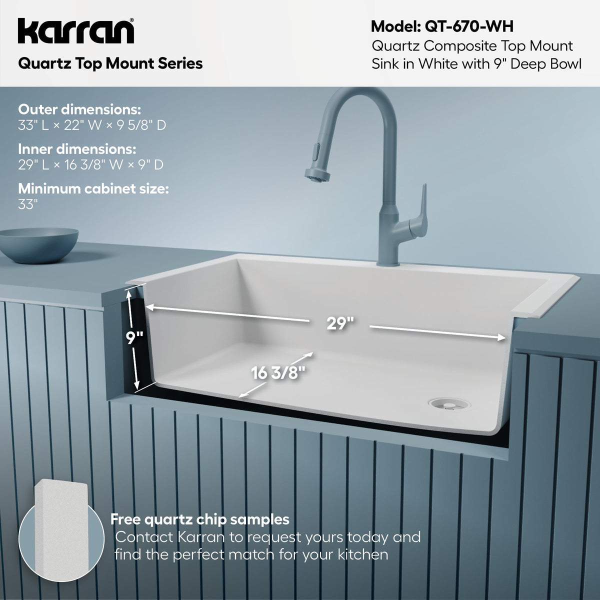 33" Top Mount Large Single Bowl Quartz Composite Kitchen Sink In White