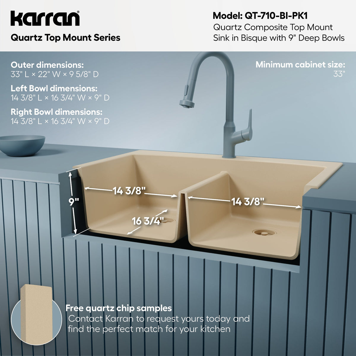 33" Top Mount Double Equal Bowl Quartz Composite Kitchen Sink Kit In Bisque
