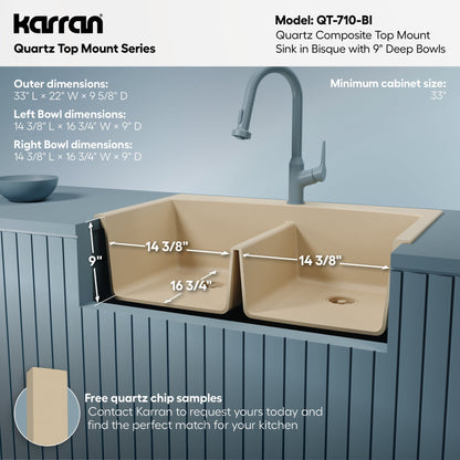 33" Top Mount Double Equal Bowl Quartz Composite Kitchen Sink In Bisque