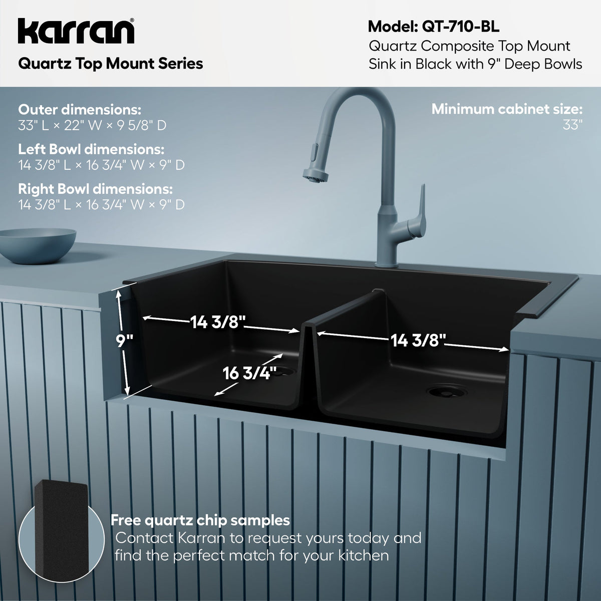 33" Top Mount Double Equal Bowl Quartz Composite Kitchen Sink In Black