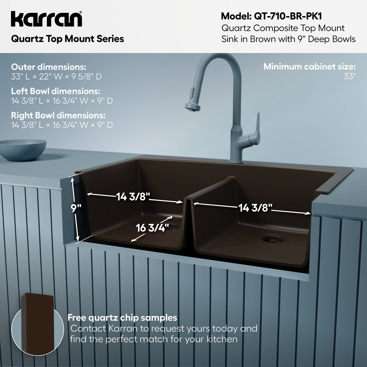 33" Top Mount Double Equal Bowl Quartz Composite Kitchen Sink Kit In Brown