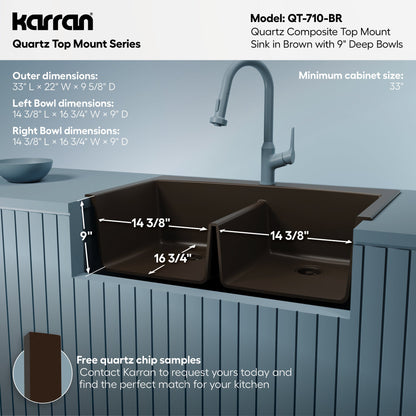 33" Top Mount Double Equal Bowl Quartz Composite Kitchen Sink In Brown
