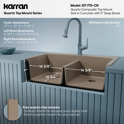 33" Top Mount Double Equal Bowl Quartz Composite Kitchen Sink In Concrete