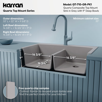 33" Top Mount Double Equal Bowl Quartz Composite Kitchen Sink Kit In Grey