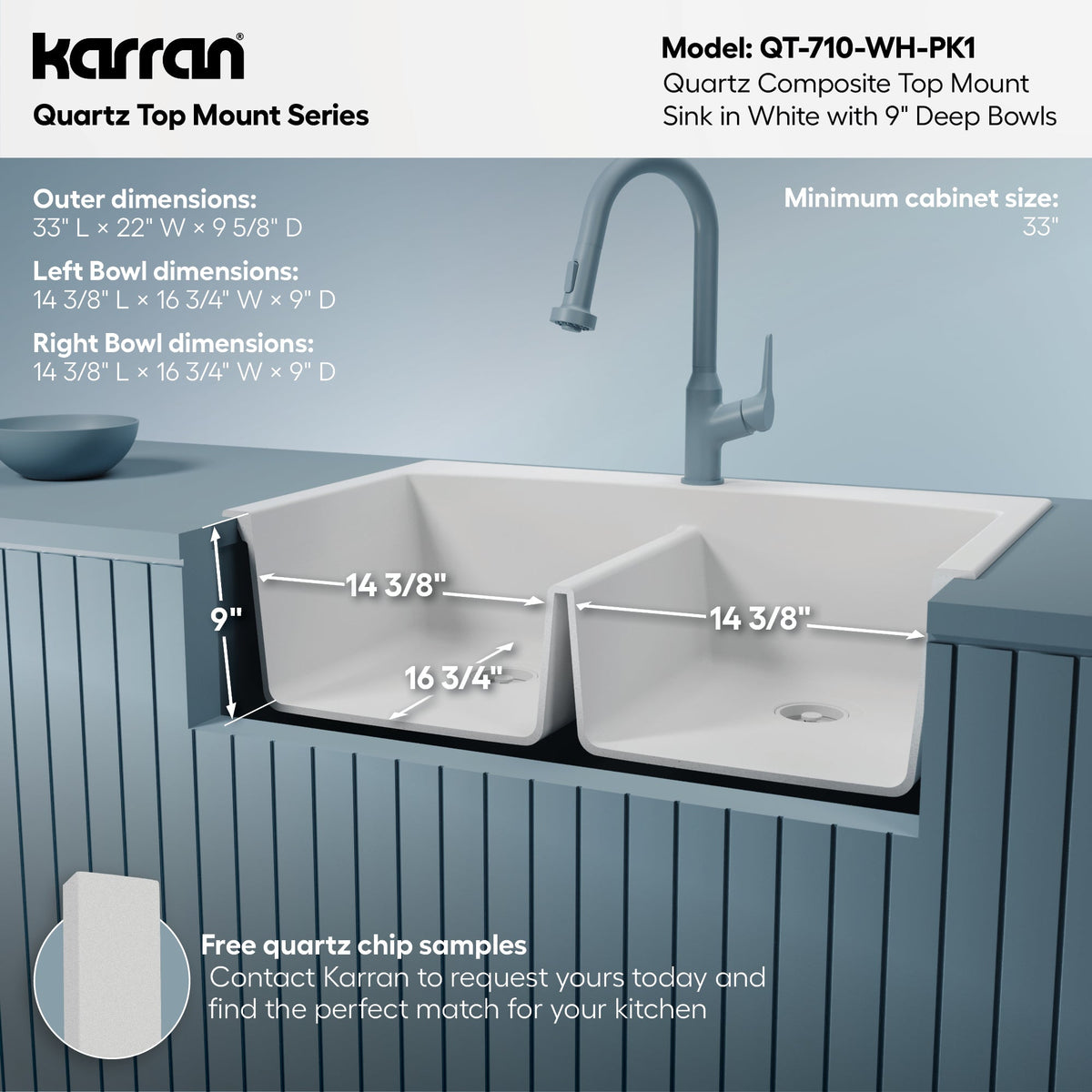 33" Top Mount Double Equal Bowl Quartz Composite Kitchen Sink Kit In White