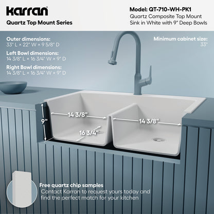 33" Top Mount Double Equal Bowl Quartz Composite Kitchen Sink Kit In White