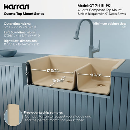 33" Top Mount Double Offset Bowl Quartz Composite Kitchen Sink Kit In Bisque