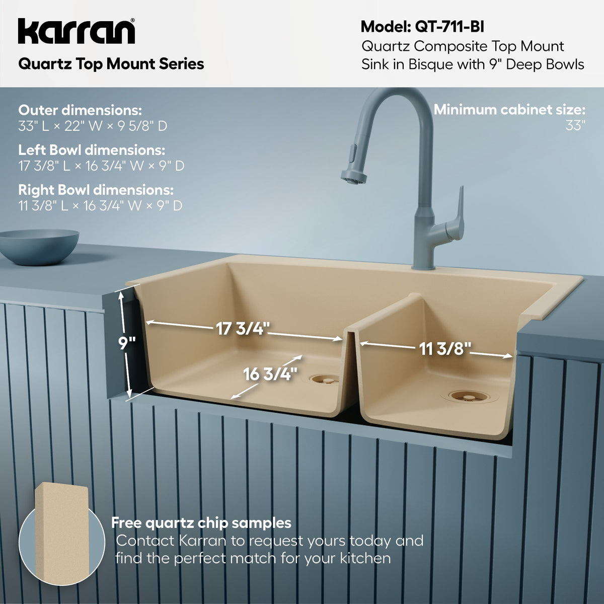 33" Top Mount Double Offset Bowl Quartz Composite Kitchen Sink In Bisque