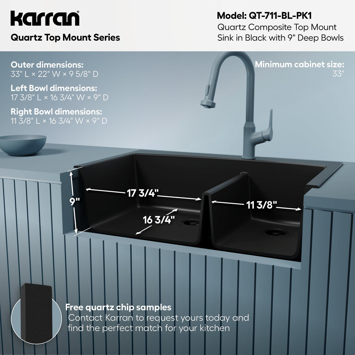 33" Top Mount Double Offset Bowl Quartz Composite Kitchen Sink Kit In Black