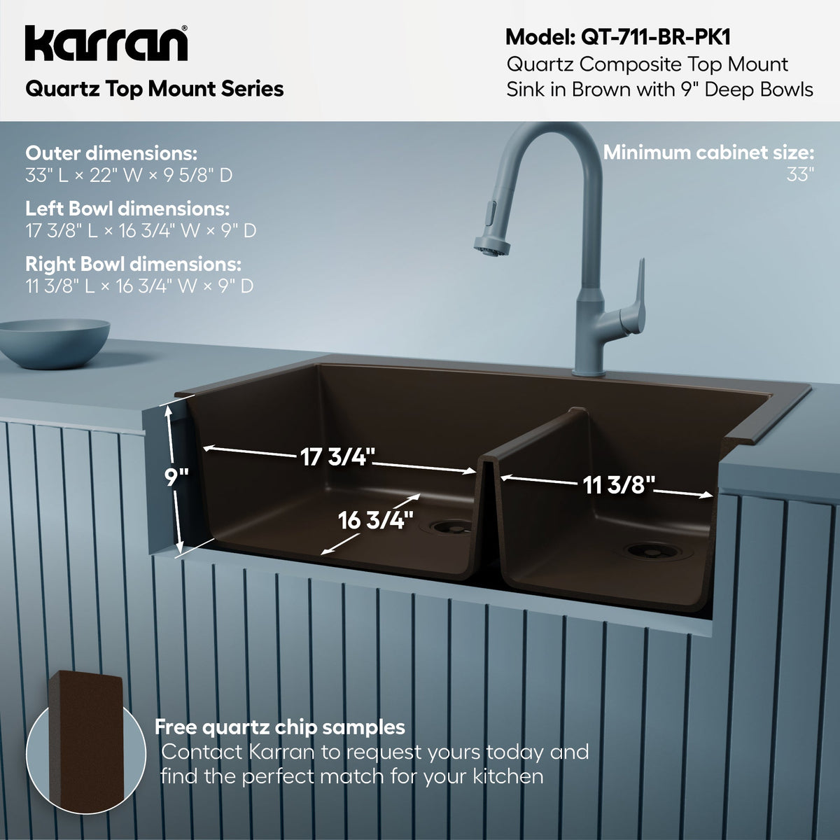 33" Top MountDouble Offset Bowl Quartz Composite Kitchen Sink Kit In Brown