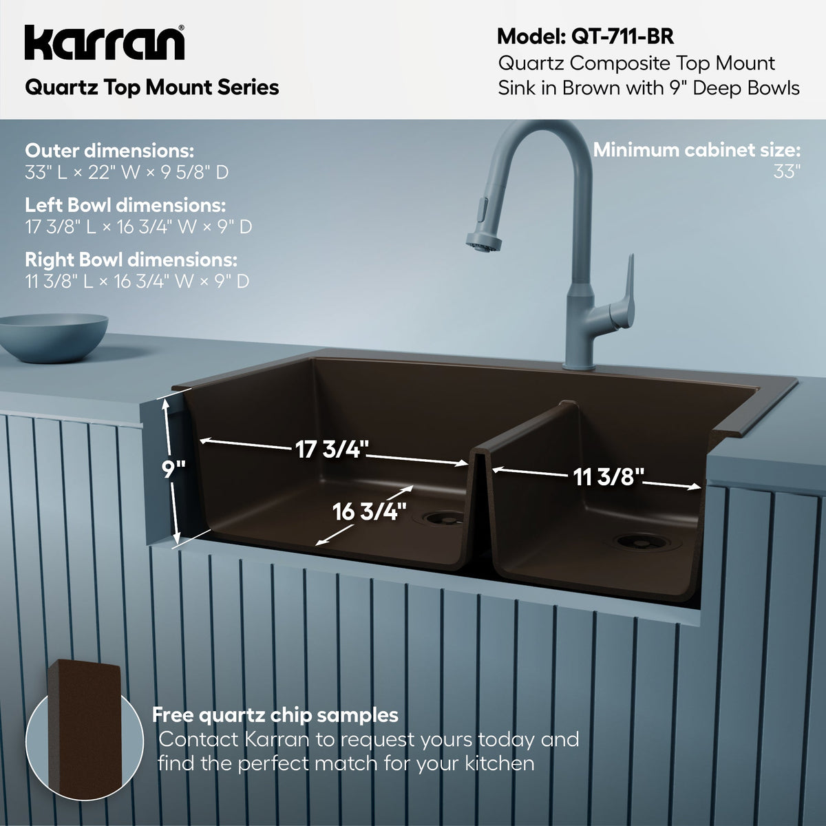 33" Top Mount Double Offset Bowl Quartz Composite Kitchen Sink In Brown