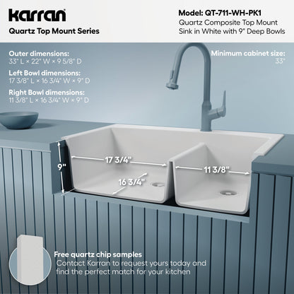 33" Top Mount Double Offset Bowl Quartz Composite Kitchen Sink Kit In White