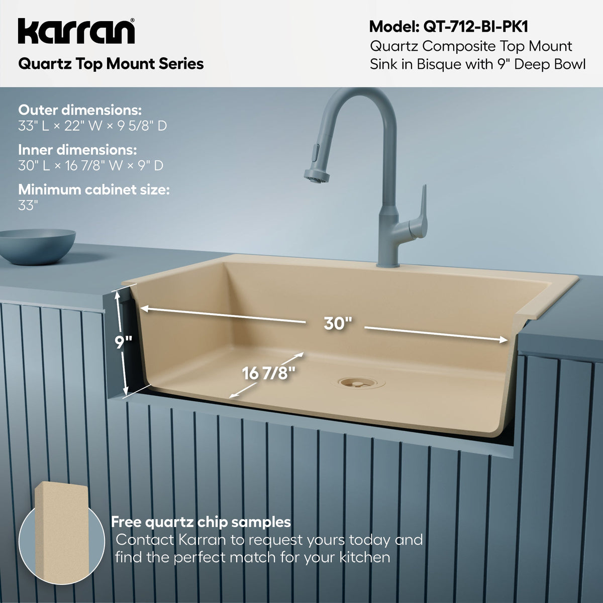 33" Top Mount Large Single Bowl Quartz Composite Kitchen Sink Kit In Bisque