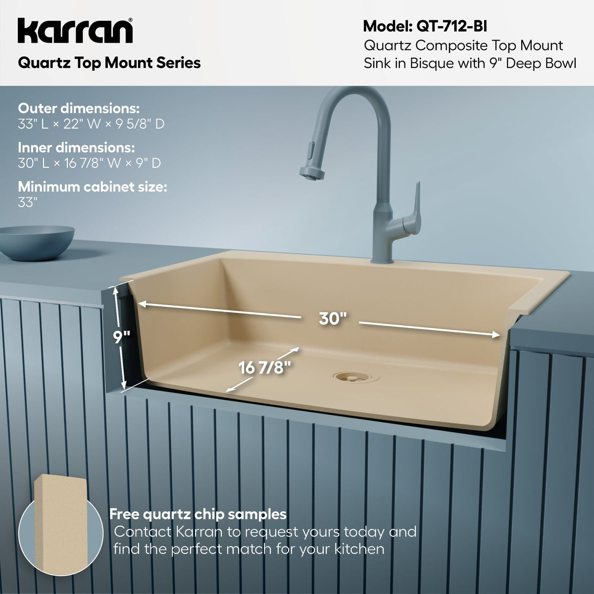 33" Top Mount Large Single Bowl Quartz Composite Kitchen Sink In Bisque
