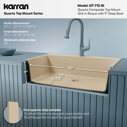 33" Top Mount Large Single Bowl Quartz Composite Kitchen Sink In Bisque