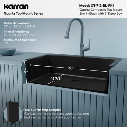 33" Top Mount Large Single Bowl Quartz Composite Kitchen Sink Kit In Black