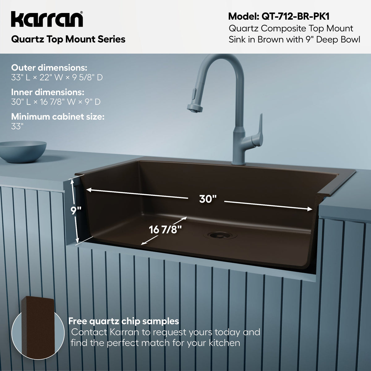 33" Top Mount Large Single Bowl Quartz Composite Kitchen Sink Kit In Brown