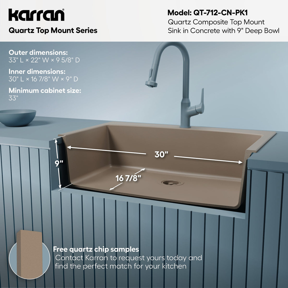 33" Top Mount Large Single Bowl Quartz Composite Kitchen Sink Kit Concrete