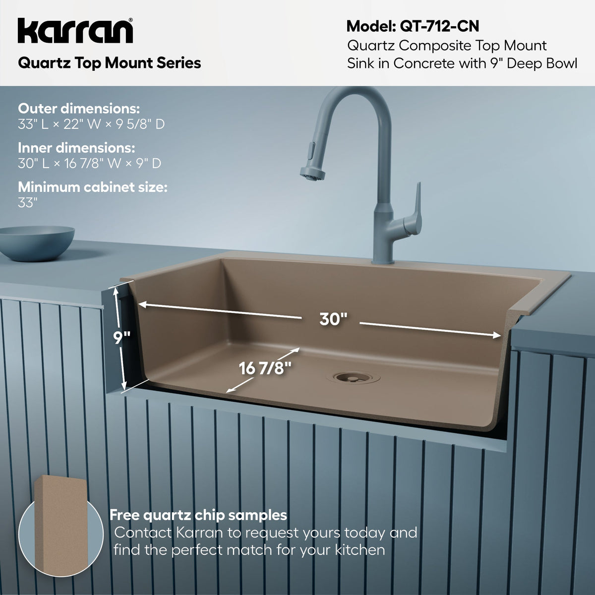 33" Top Mount Large Single Bowl Quartz Composite Kitchen Sink In Concrete