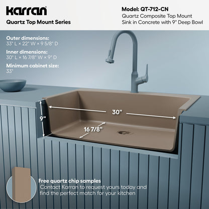 33" Top Mount Large Single Bowl Quartz Composite Kitchen Sink In Concrete