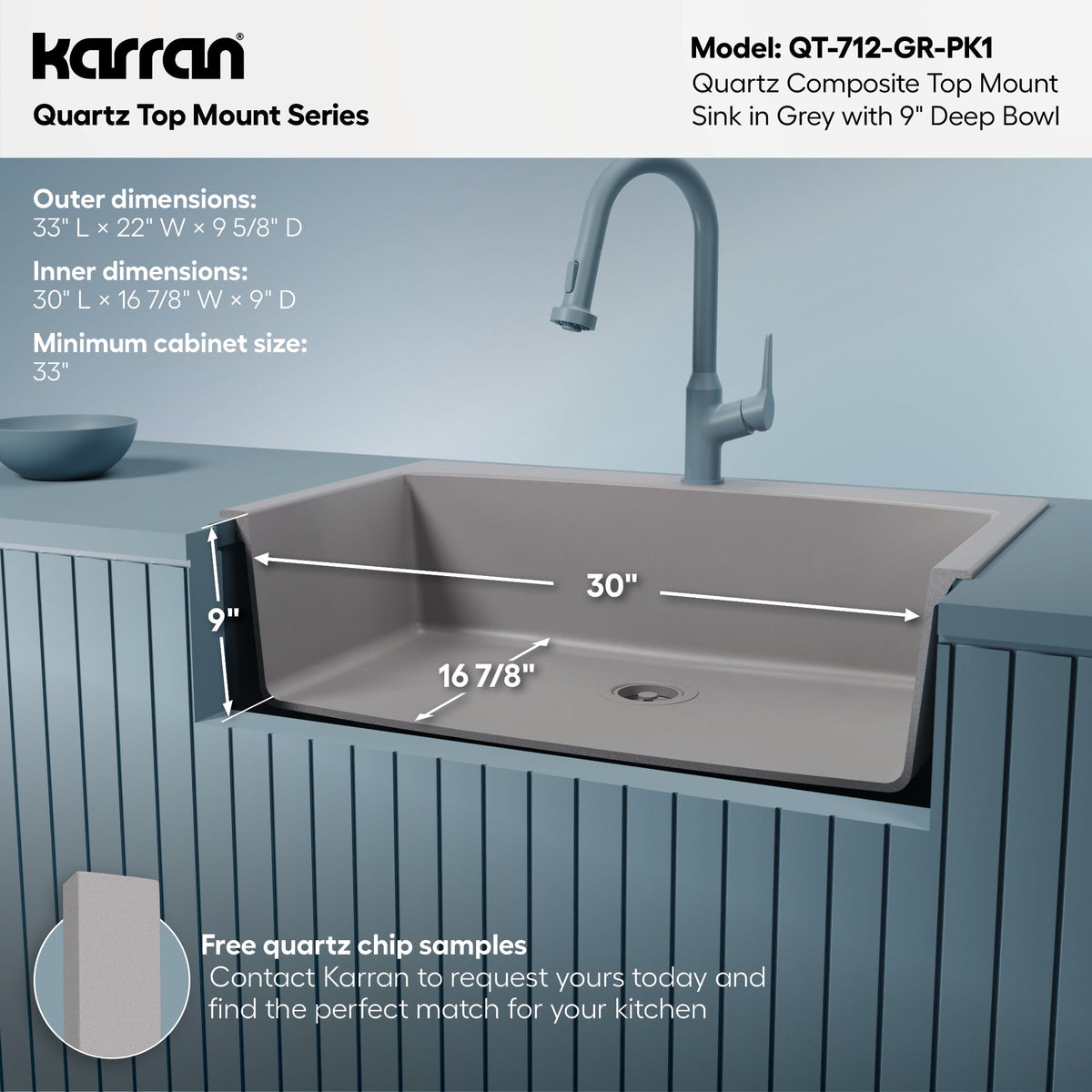 33" Top Mount Large Single Bowl Quartz Composite Kitchen Sink Kit Grey