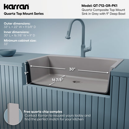 33" Top Mount Large Single Bowl Quartz Composite Kitchen Sink Kit Grey