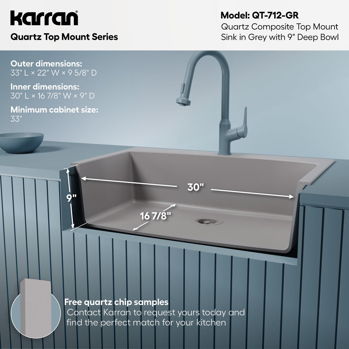 33" Top Mount Large Single Bowl Quartz Composite Kitchen Sink In Grey