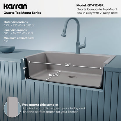33" Top Mount Large Single Bowl Quartz Composite Kitchen Sink In Grey