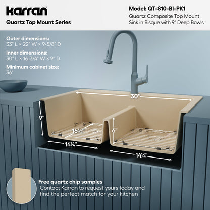 33" Top Mount Double Equal Bowl Quartz Composite Kitchen Sink Kit In Bisque