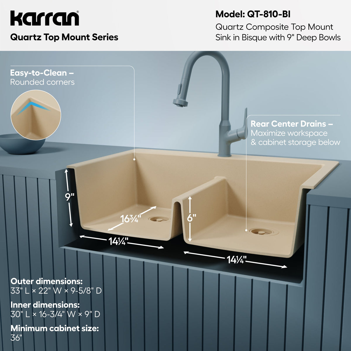 33" Top Mount Double Bowl Quartz Composite Kitchen Sink In Bisque