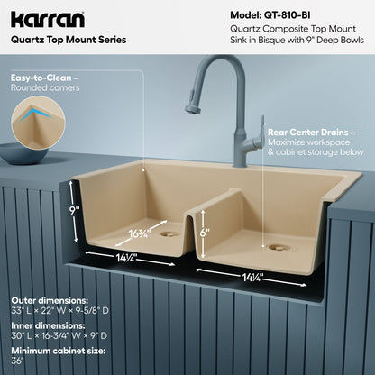 33" Top Mount Double Bowl Quartz Composite Kitchen Sink In Bisque