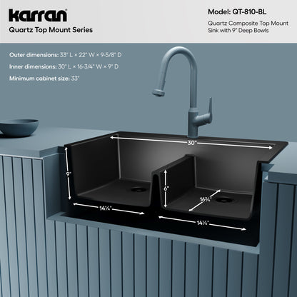 33" Top Mount Double Bowl Quartz Composite Kitchen Sink In Black