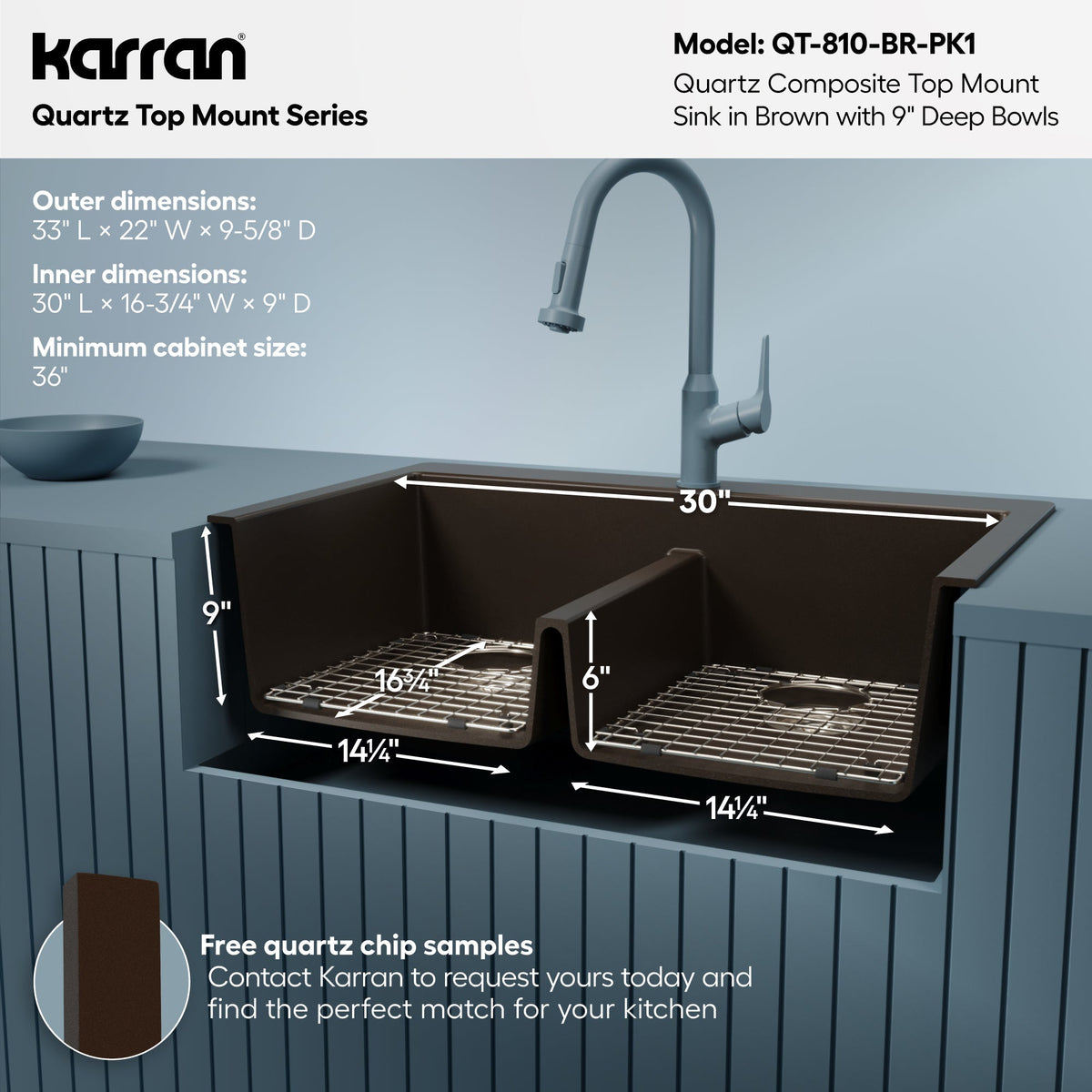 33" Top Mount Double Equal Bowl Quartz Composite Kitchen Sink Kit In Brown